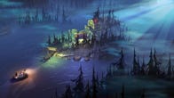 Rafting past a spooky island in a The Flame In The Flood screenshot.