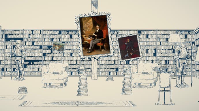 A screenshot from The Forever Labyrinth showing a pen-and-ink sketch of an expansive library with real works of art hanging from its columns and walls.