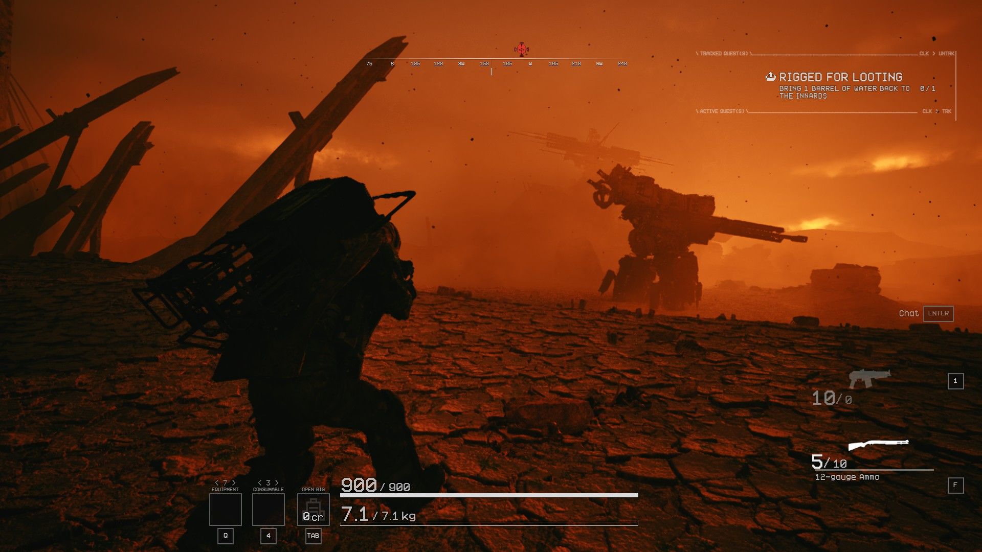 A mech walks into battle on the horizon as the player moves forward in an orange haze. - 1