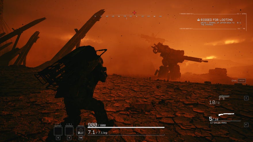 A mech walks into battle on the horizon as the player moves forward in an orange haze.