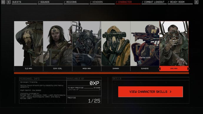 A menu screen shows illustrations of the six characters you can pick in The Forever Winter.