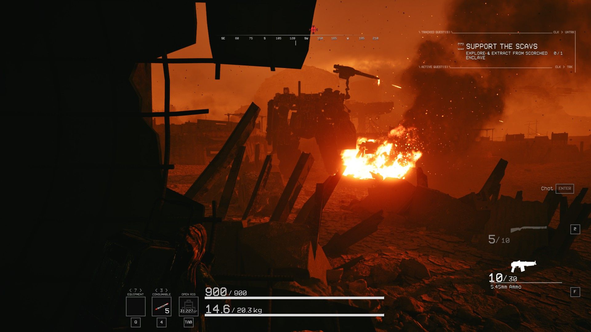 The player hides from a dangerous mech that is firing at unseen foes. - 5