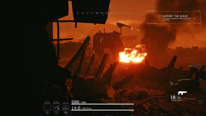 The player hides from a dangerous mech that is firing at unseen foes.