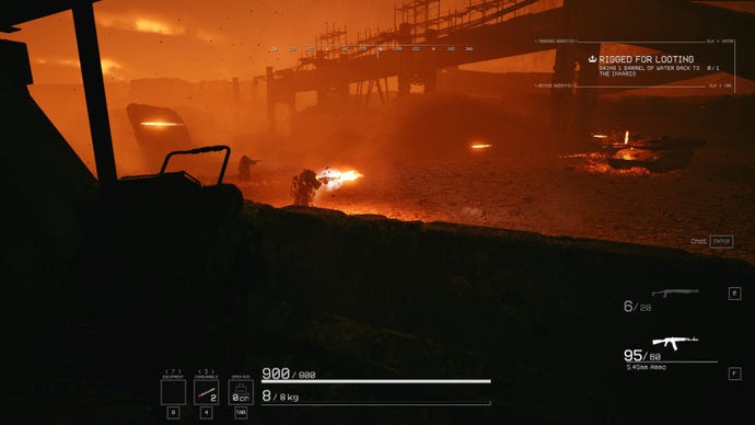 The player hides from two soldiers who fire at a tank.