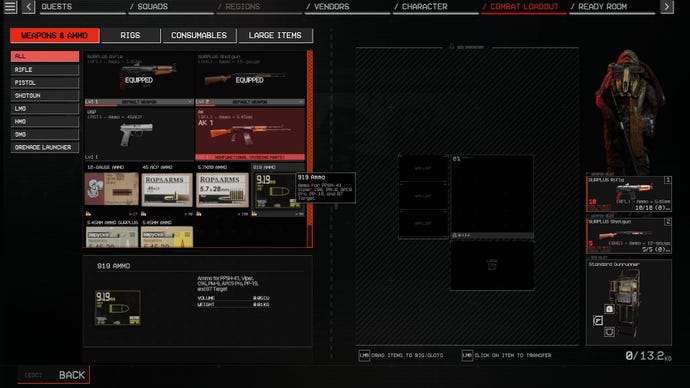 A menu screen shows what guns and ammo the player can take into their expedition.