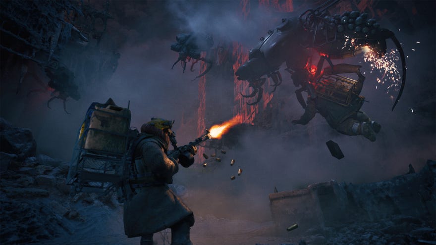 A survivor shoots at a flying robot in a grey wasteland in The Forever Winter.