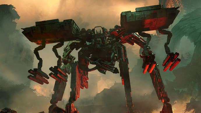 A multi-legged mech aims its guns and missiles toward the camera against an ashy sky.