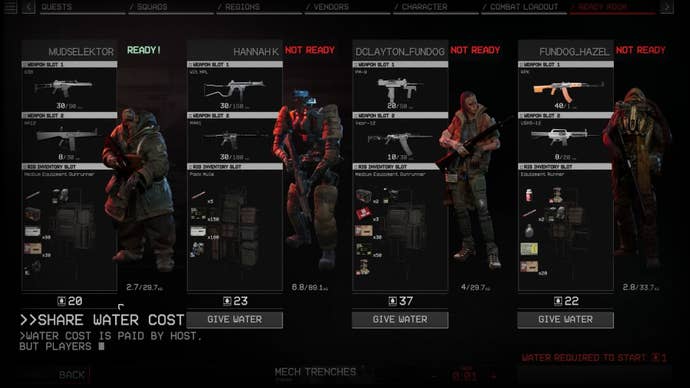 Four players get ready in a load-out screen in The Forever Winter.