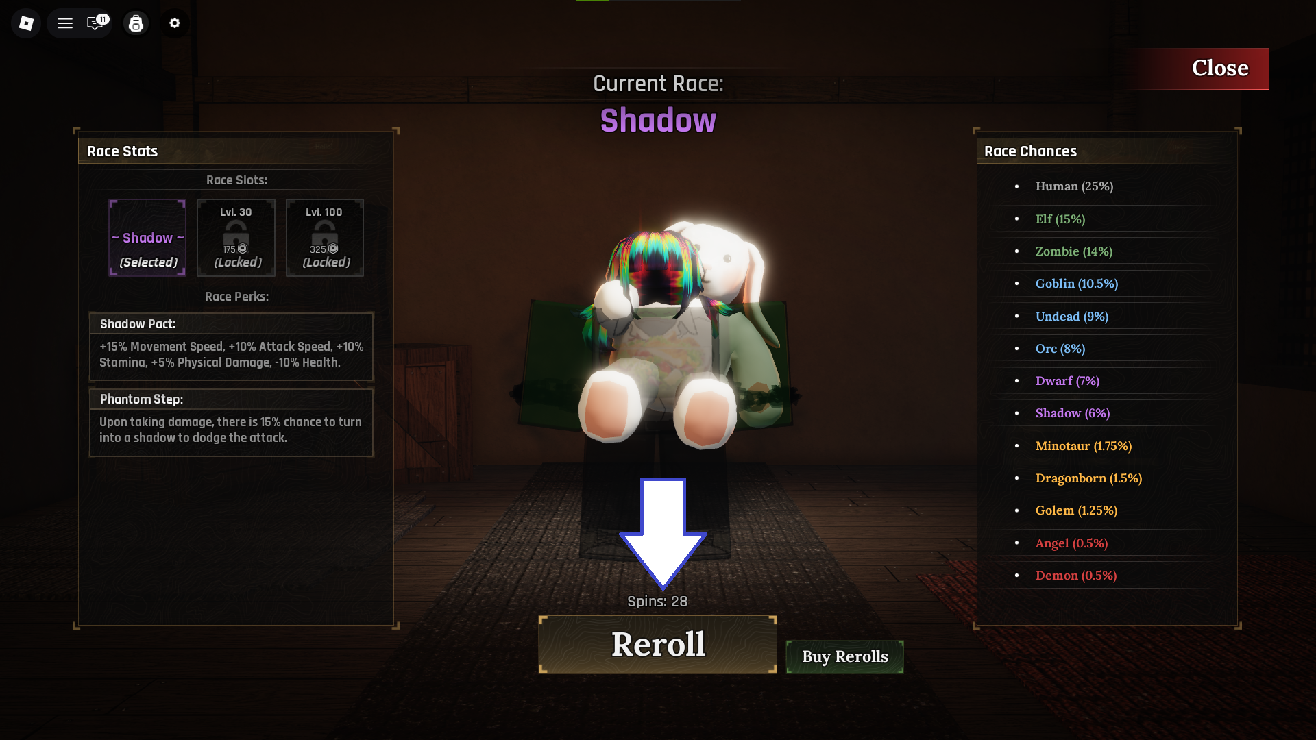 A screenshot of The Forge showing the game's reroll race button. - 5