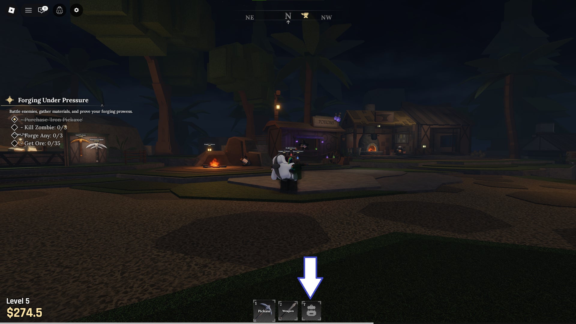 A screenshot of The Forge showing the game's inventory button. - 3