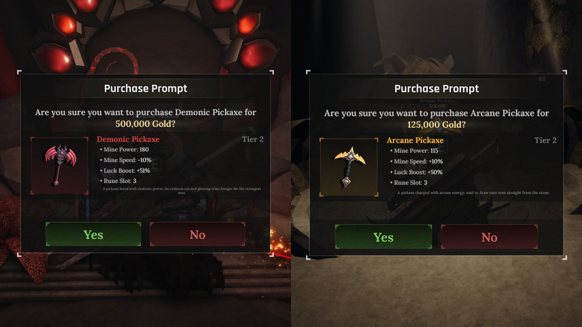 Side by side screenshots from Roblox's The Forge, showing the stats of both the Arcane Pickaxe and the Demonic Pickaxe - 3