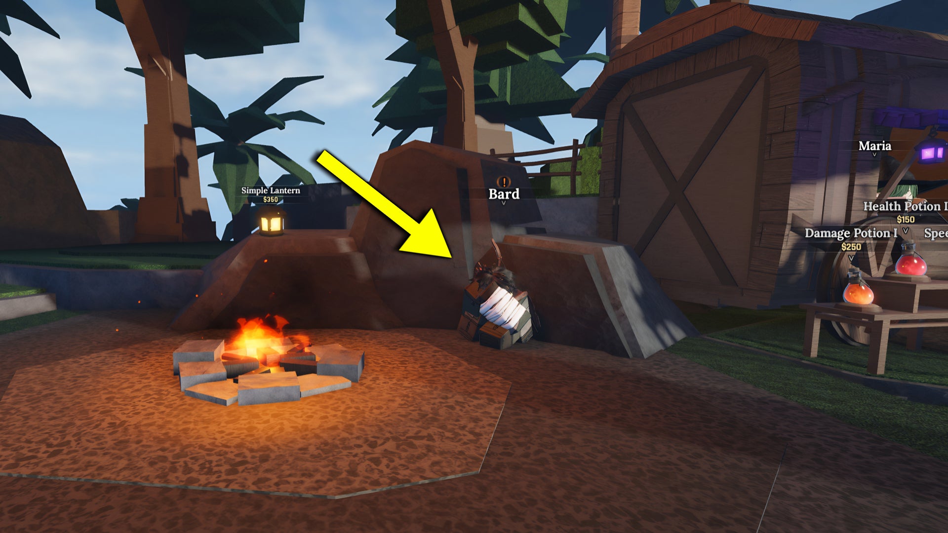 A screenshot from the Roblox game The Forge, featuring an arrow pointing to the location of the Bard NPC in Stonewake's Cross. - 3