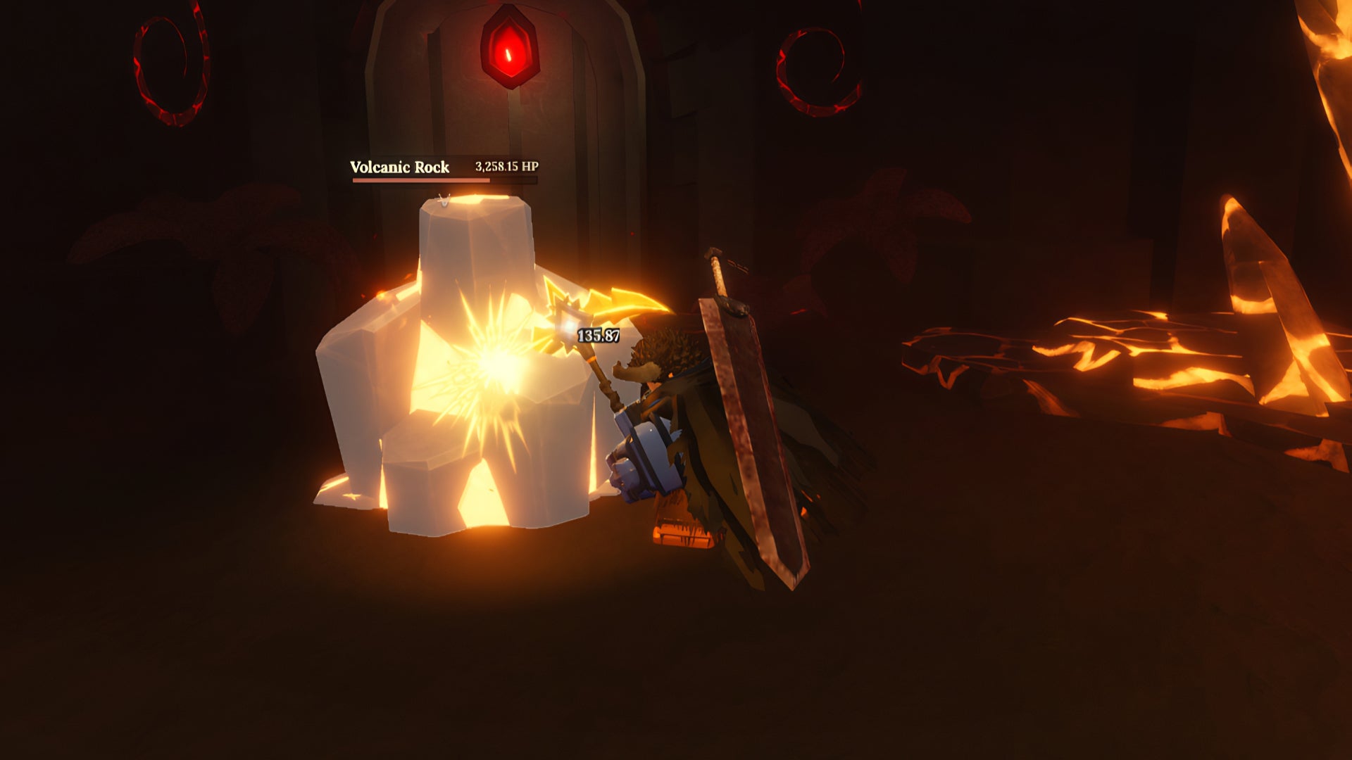 A screenshot from the Roblox game, The Forge, featuring a player avatar mining a Volcanic Rock. - 3