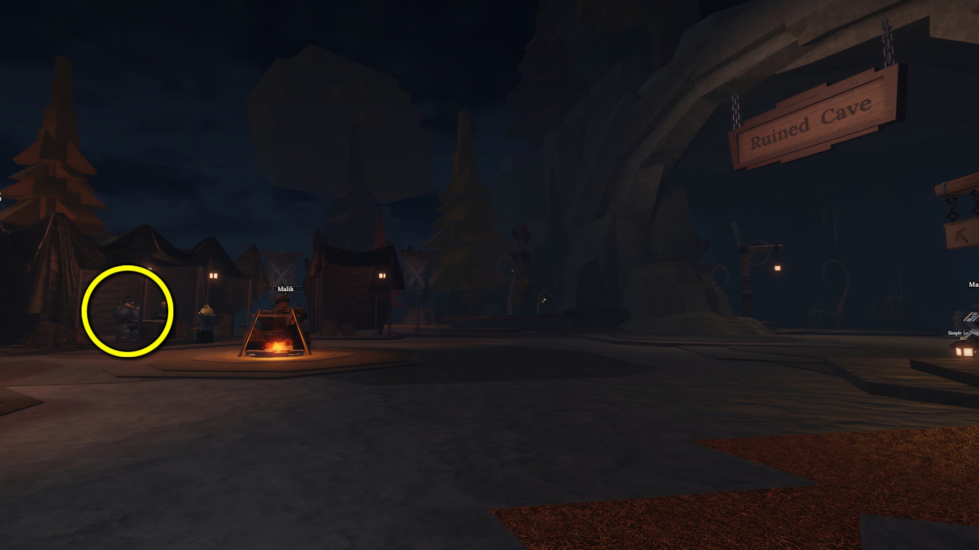 A screenshot from the Roblox game, The Forge, featuring a highlight showing the position of Captain Rowan, who's positioned opposite the Forgotten Kingdom Cave. - 5