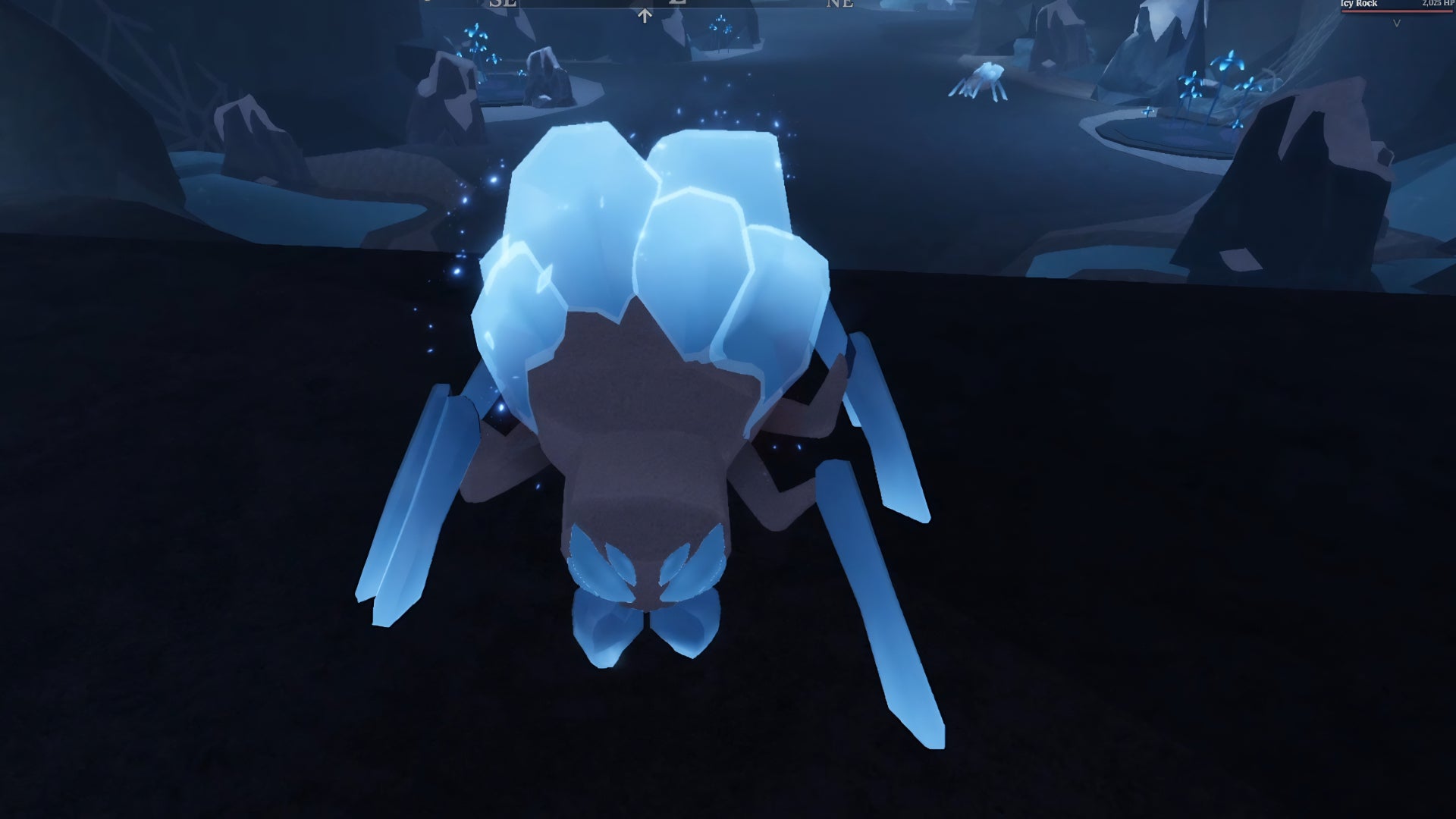 A screenshot from the Roblox game, The Forge, showcasing the Crystal Spider enemy found in the Spider Cave. - 5