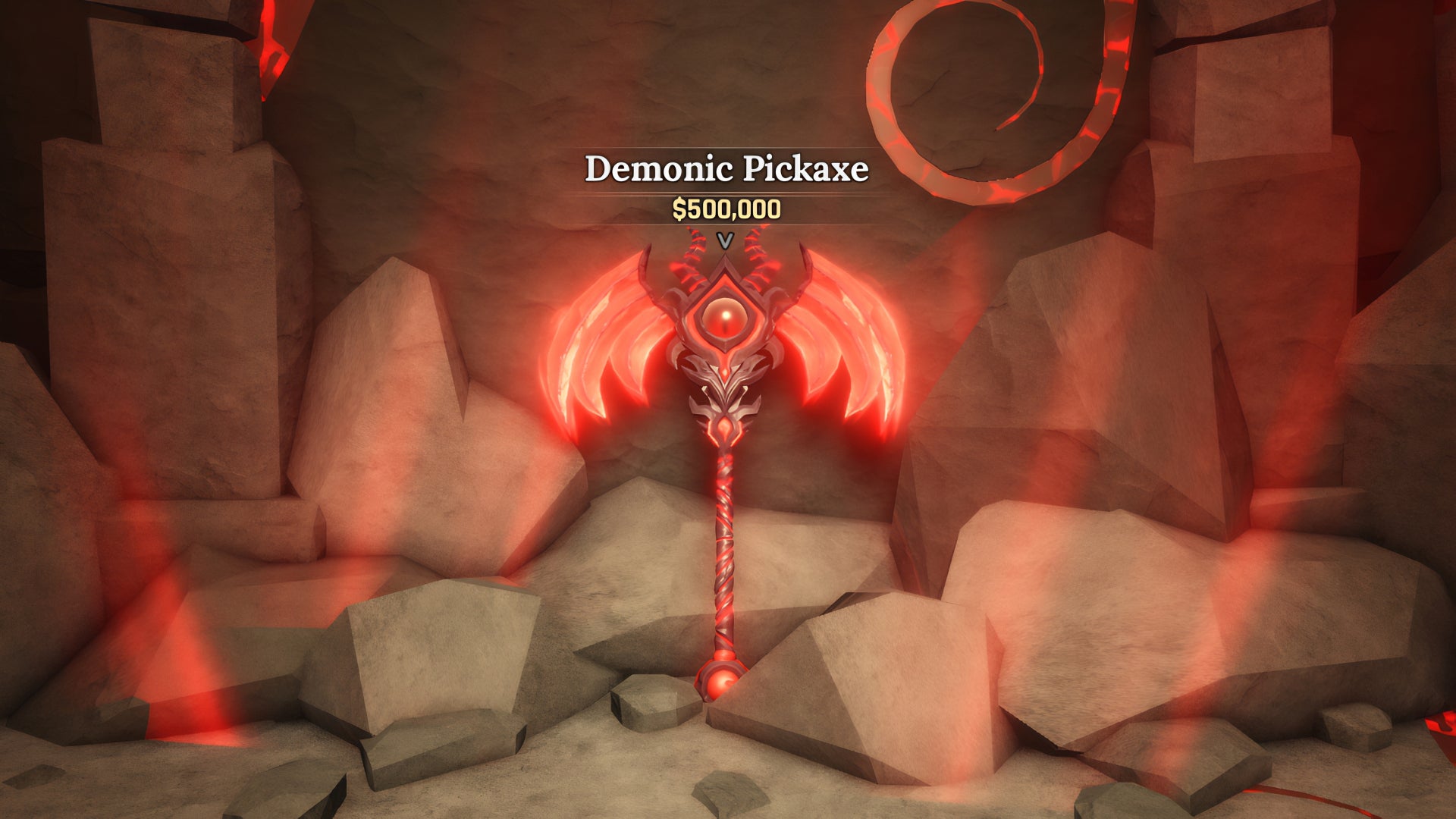 A screenshot from the Roblox game, The Forge, featuring a close-up of the Demonic Pickaxe, which is found behind a hidden door in the Volcanic Depths. - 5