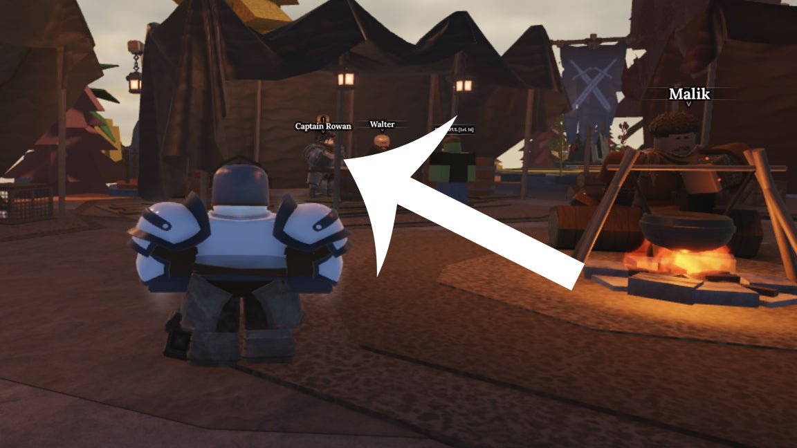 An arrow pointing at find Captain Rowan in The Forge. One of his quests will task you with finding the rare Eye Ore resource.