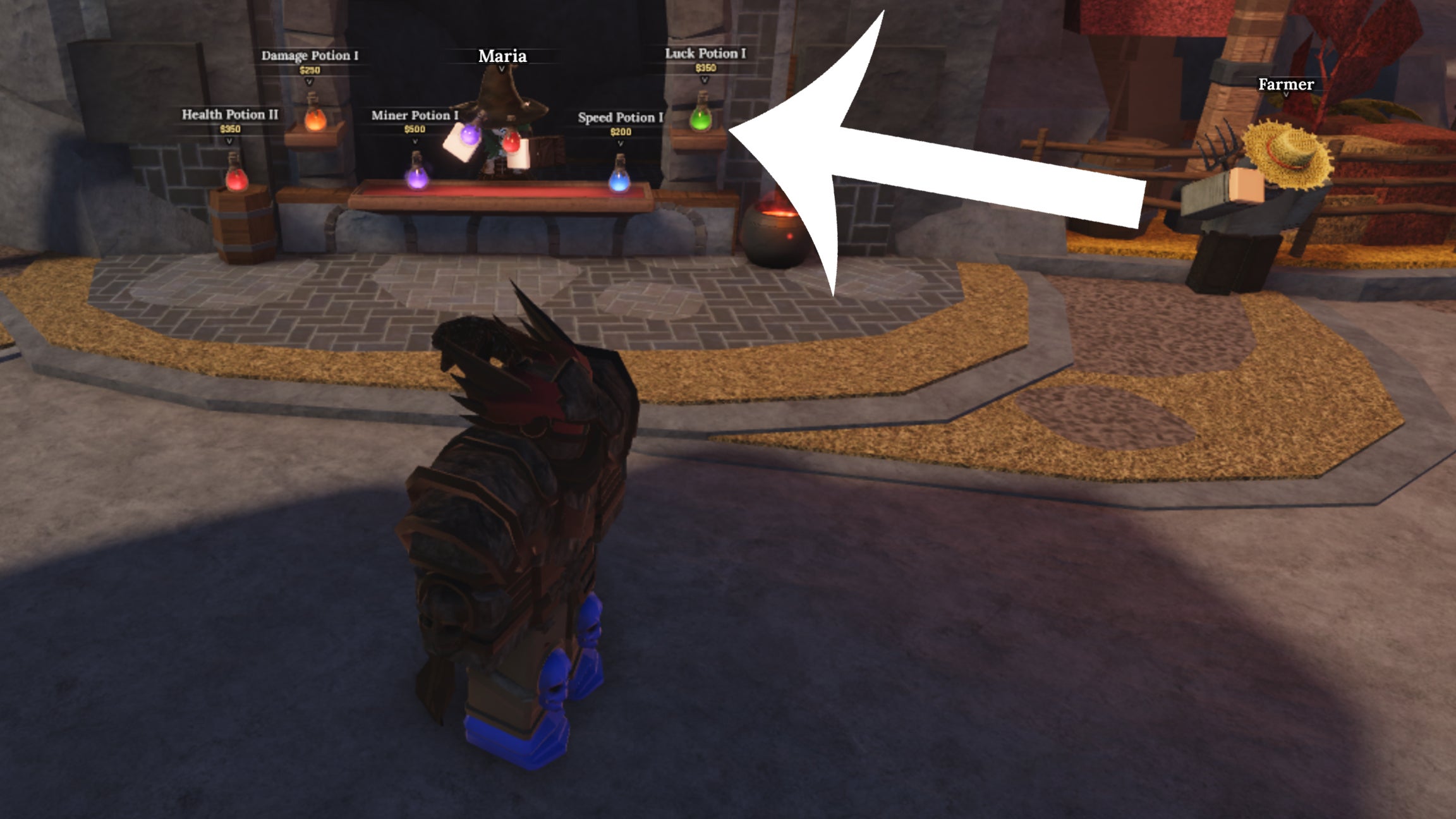 An arrow pointing at the Luck Potion players can purchase on the Forgotten Kingdom island of The Forge, which will help them mine for Eye Ore. - 4