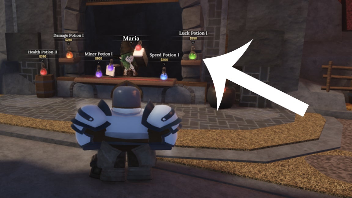 An arrow pointing at a luck potion at the potions stall located on the Forgotten Kingdom in The Forge.