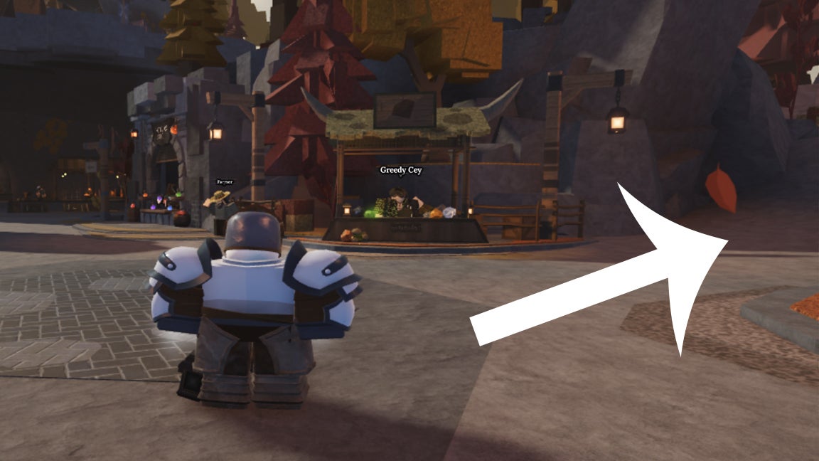 An arrow pointing at the path players have to head down to find Captain Rowan in The Forge. One of his quests will task you with finding Eye Ore.