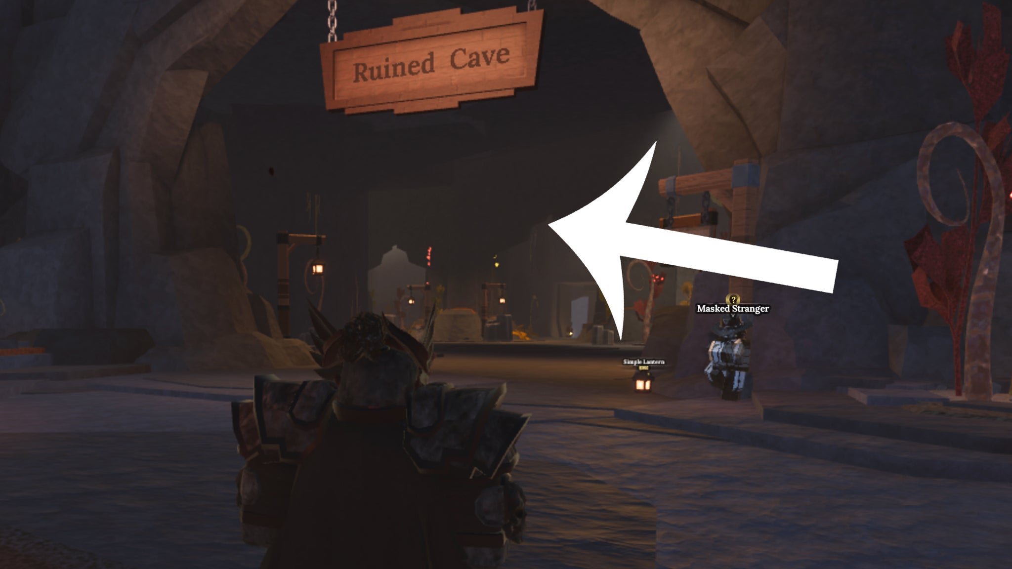 An arrow pointing at the Ruined Cave location on the Forgotten Kingdom island in The Forge. - 5