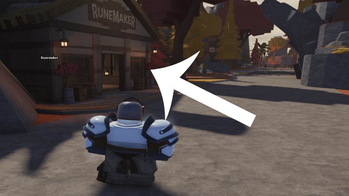 An arrow pointing at the Runemaker located on the Forgotten Kingdom in The Forge.