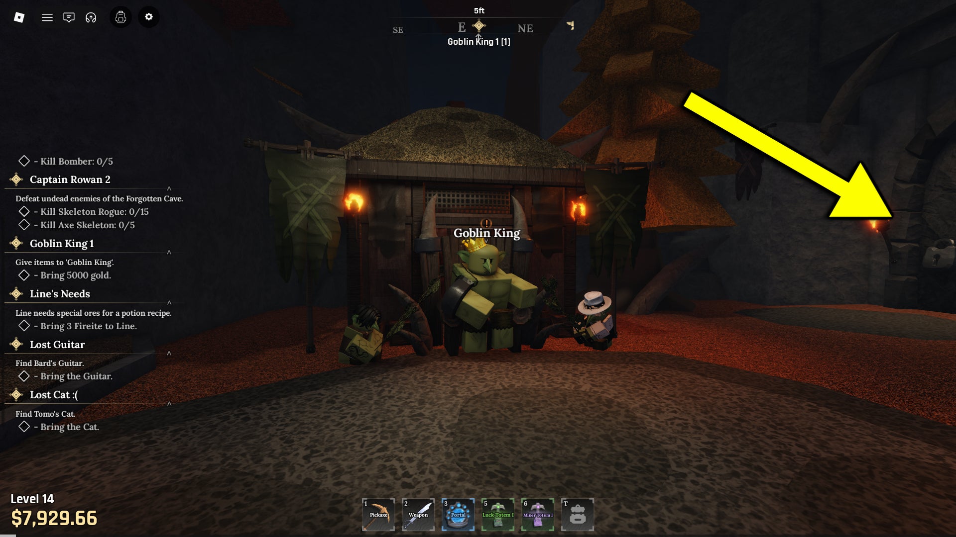 A screenshot from the Roblox game The Forge, featuring an arrow pointing to the location of the Goblin Cave entrance. - 9