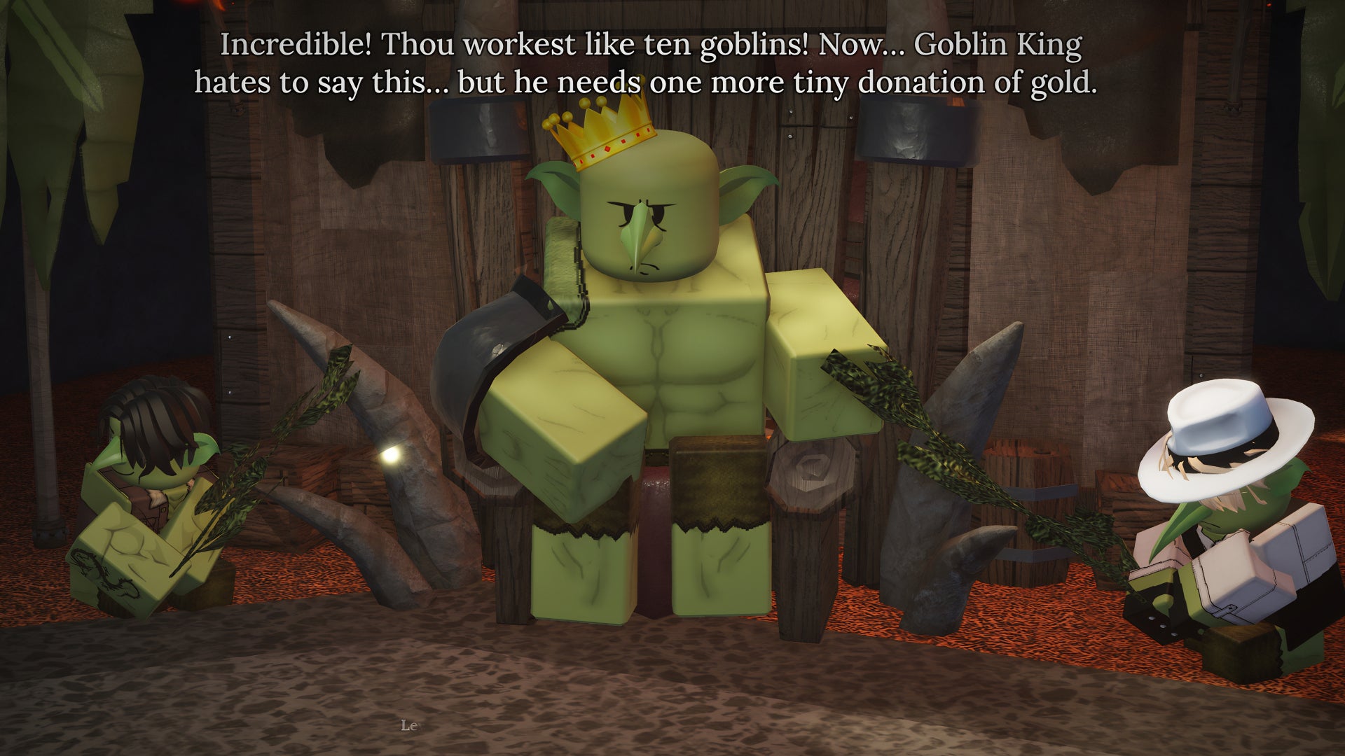 A screenshot from the Roblox game The Forge, showing the dialogue exchange where the Goblin King asks the player for gold. - 4