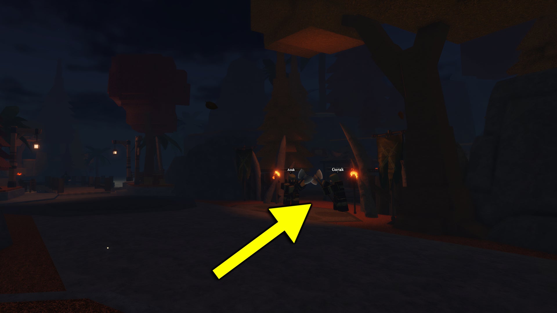 A screenshot from the Roblox game The Forge, featuring an arrow pointing to the entrance of the Goblin King's camp. - 3