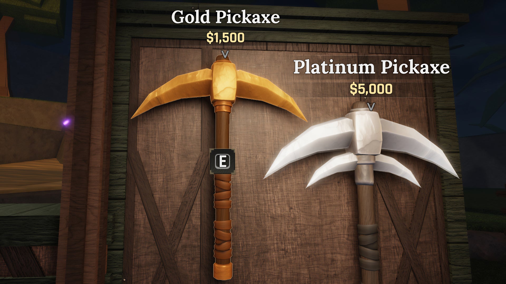 A screenshot from the Roblox game, The Forge, featuring a close-up of a Gold Pickaxe. - 14