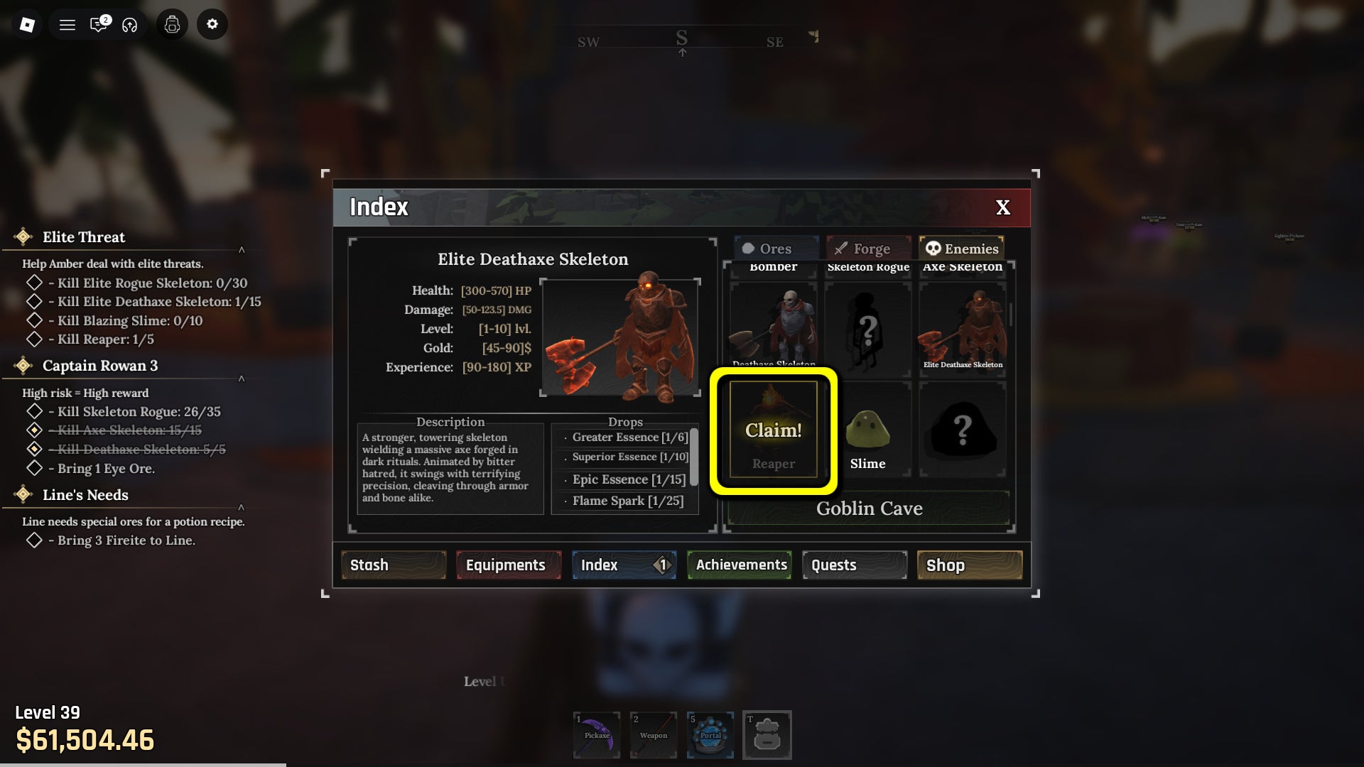 A screenshot from the Roblox game, The Forge, featuring a highlight showcasing the rewards you can redeem from the Index menu. - 7