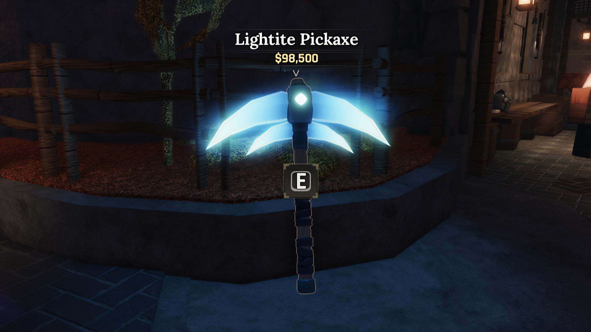 A screenshot from the Roblox game, The Forge, featuring a close-up of the Lightite Pickaxe. - 7