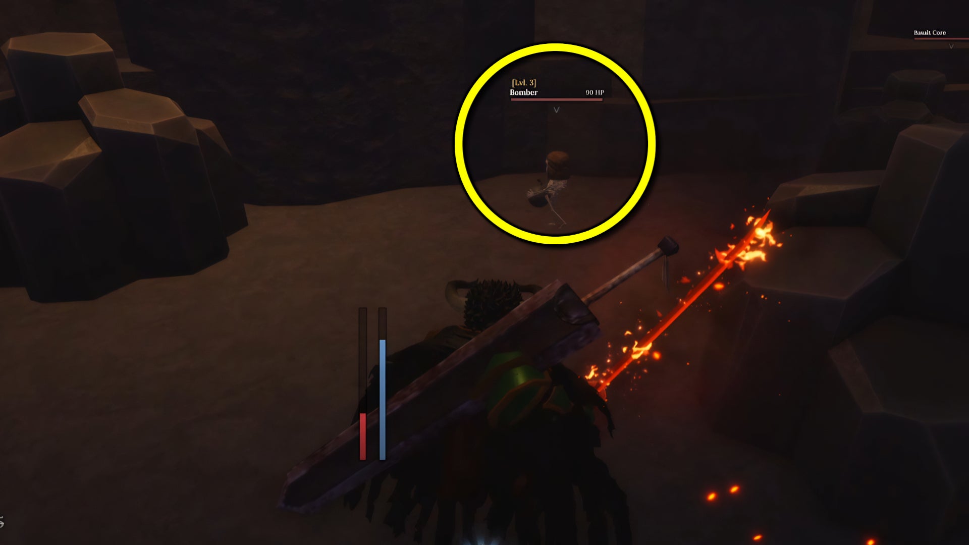 A screenshot from the Roblox game The Forge, featuring a highlight around one of the Bomber skeletons you find in the Ashen Passage. - 7