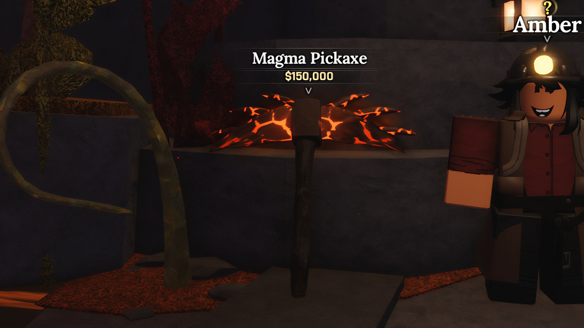 A screenshot from the Roblox game, The Forge, featuring a close-up of the Magma Pickaxe found in the Forgotten Kingdom's cave. - 6