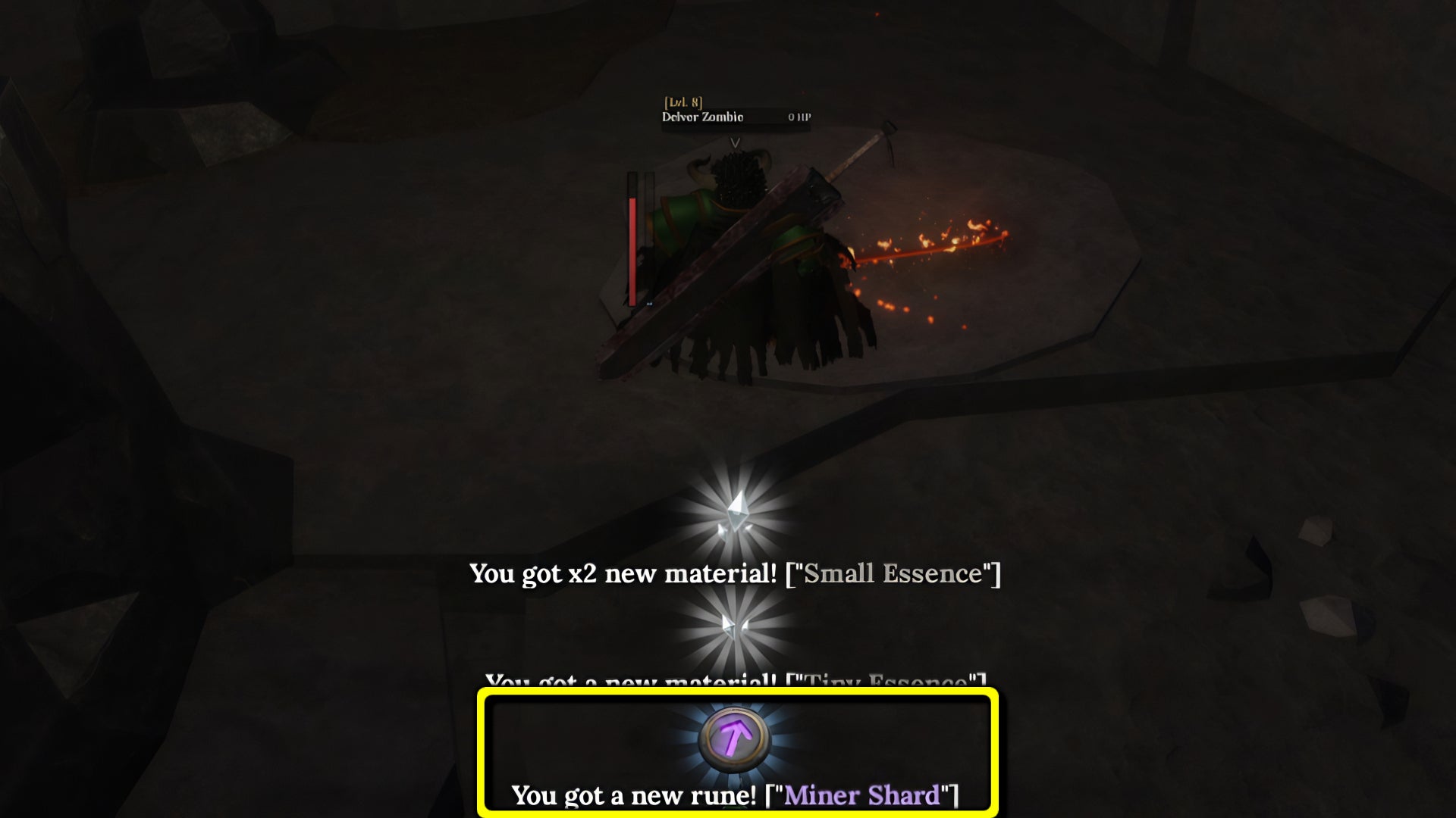 A screenshot from Roblox's The Forge, showing the player acquiring a Miner Shard from defeating a Delver Zombie. - 5