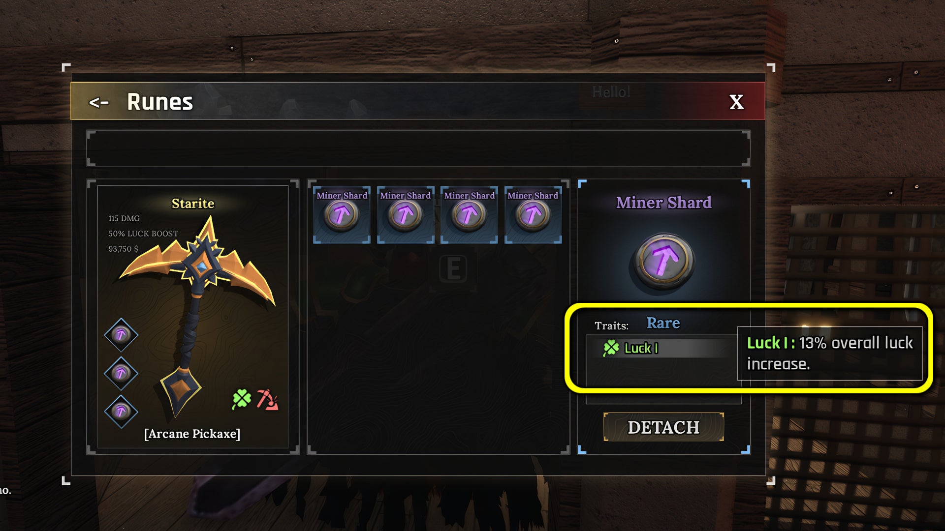 A screenshot from Roblox's The Forge, featuring a highlight box showing the location of a Miner Shard's traits on the Runes screen. - 8