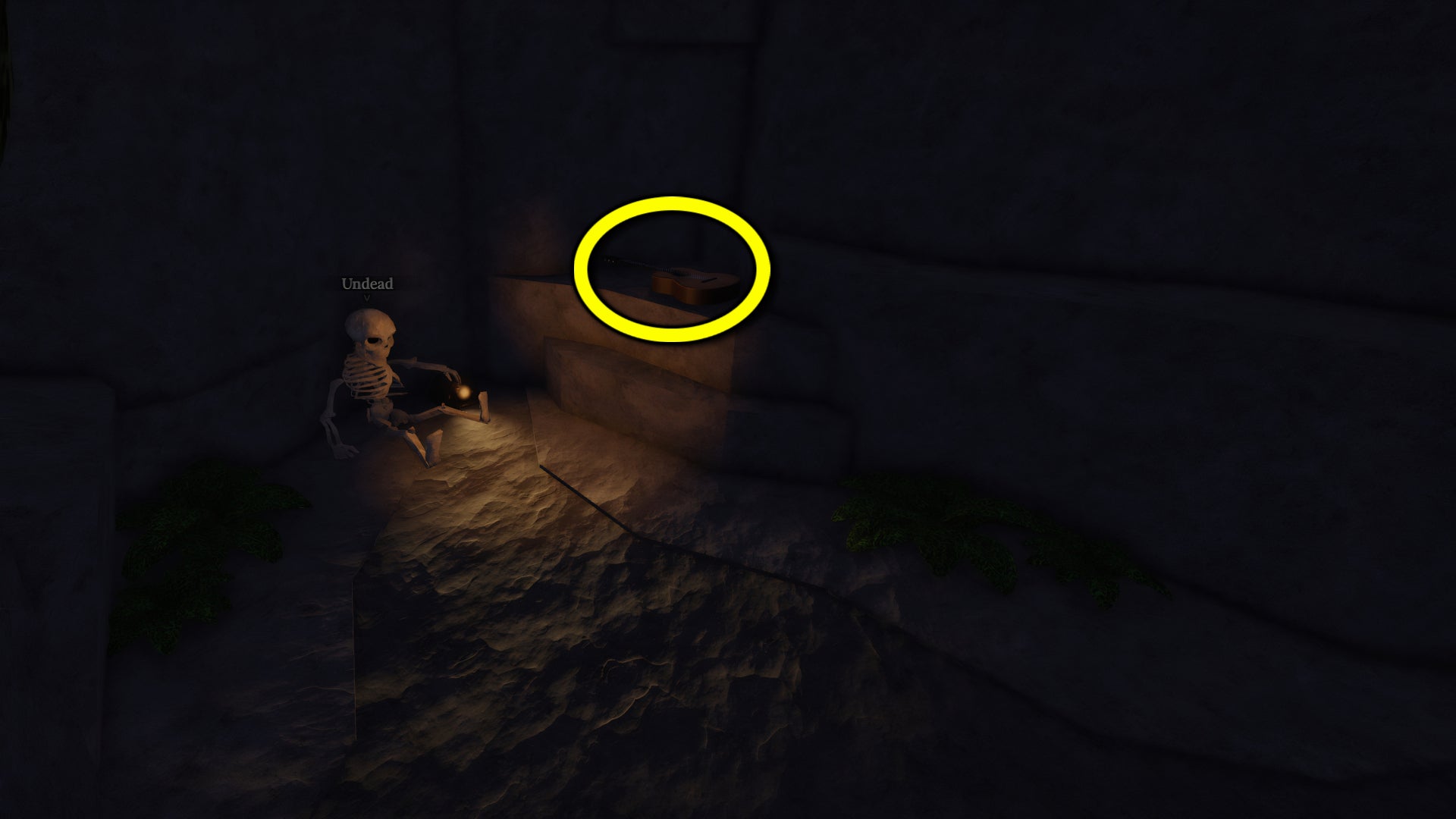 A screenshot from the Roblox game The Forge, featuring a highlight circle pointing out the location of the missing guitar item in the secret cave. - 5