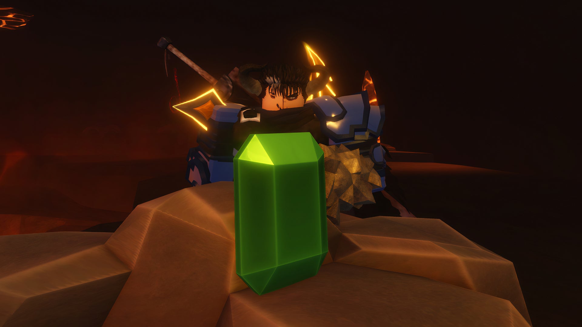 A screenshot from the roblox game, The Forge, focusing on a player avatar staring at an Emerald being extracted from a rock.