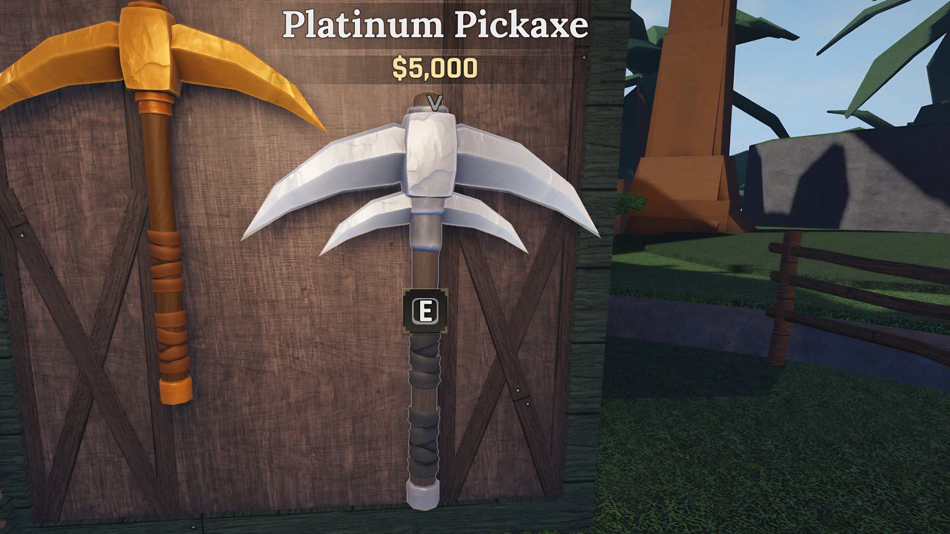 A screenshot from the Roblox game, The Forge, featuring a close-up of a Platinum Pickaxe. - 13