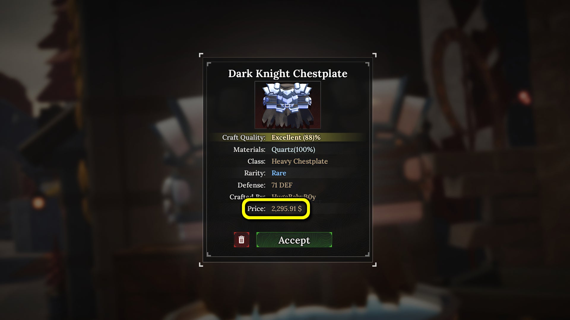 A screenshot from the Roblox game, The Forge, showcasing a listing for the Quartz chest piece and a highlight emphasizing the selling price it fetches. - 3