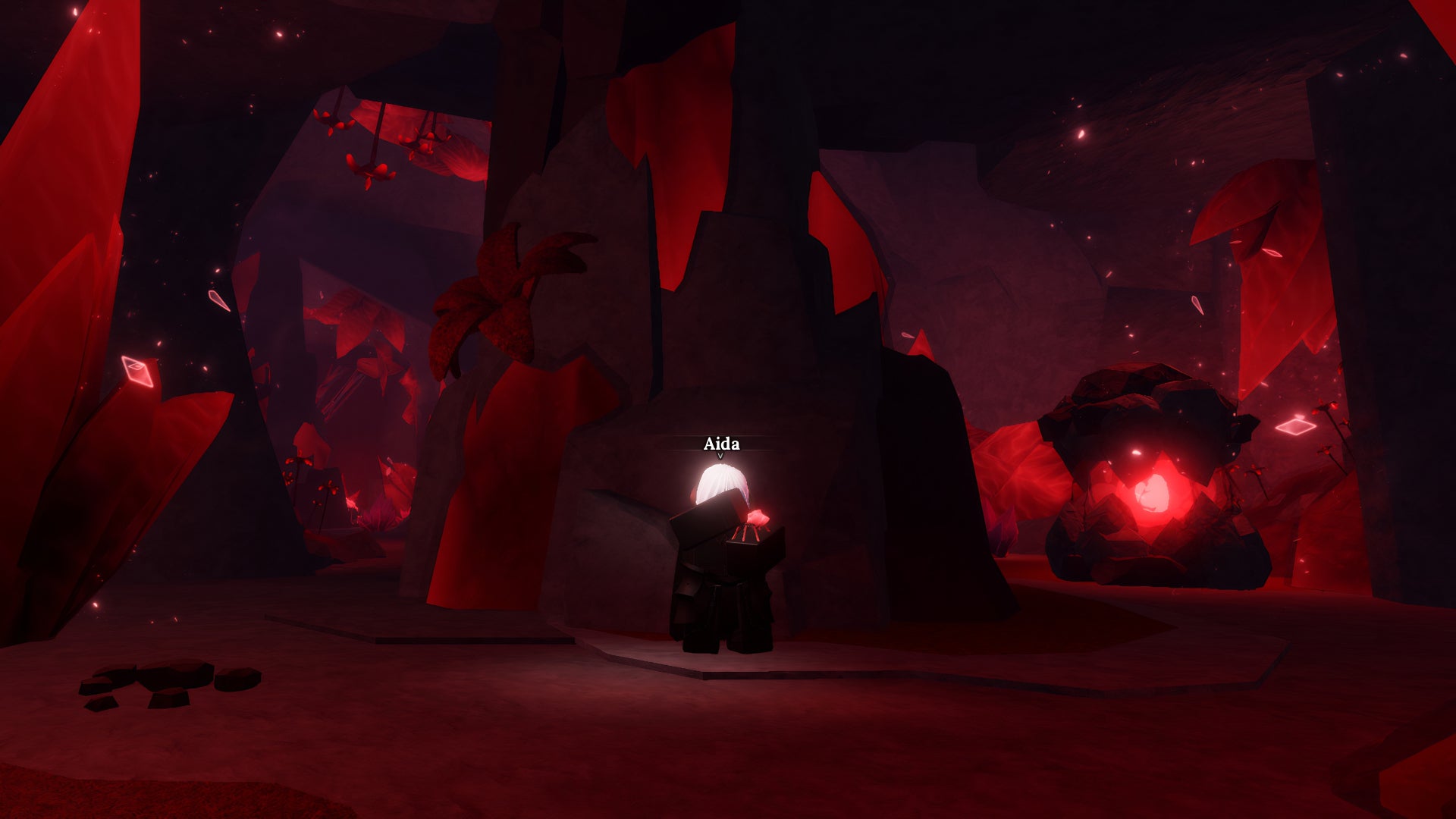 A screenshot from the Roblox game, The Forge, showing the entrance to the Raven Cave, as well as the Aida NPC. - 10