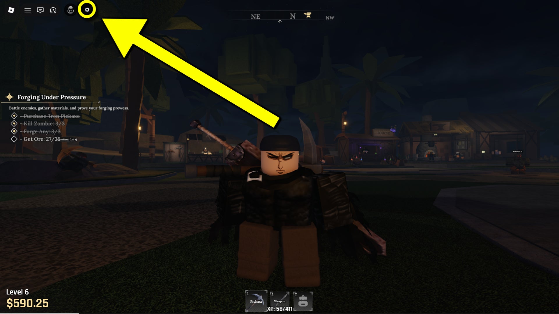 A screenshot from the Roblox game, The Forge, featuring an arrow pointing to the game's settings button where they'll find the codes bar.