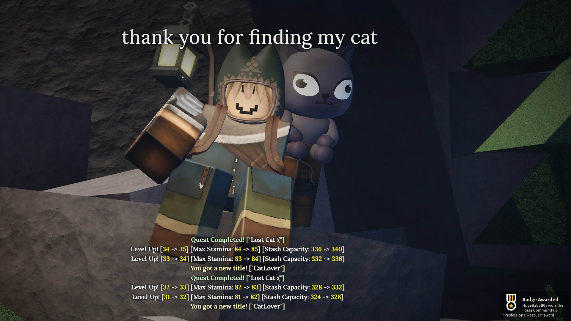 A screenshot from the Roblox game, The Forge, showcasing the rewards earned by reuniting Tomo with his cat as part of the Lost Cat quest. - 8