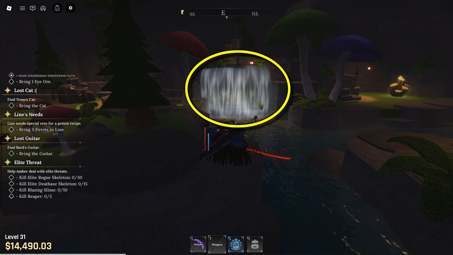 A screenshot of the Goblin Cave from the Roblox game, The Forge, featuring a highlight circle showing the waterfall players need to bypass to find Tomo's Cat. - 6