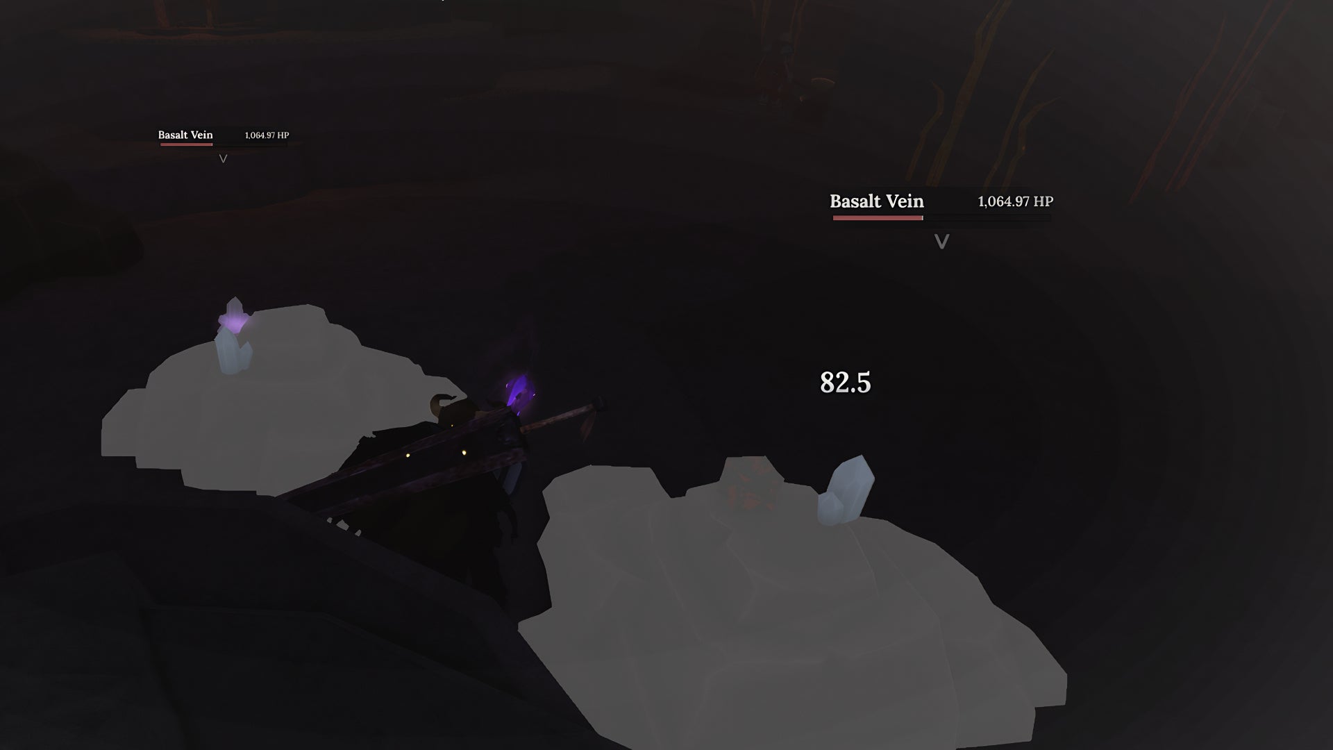 A screenshot from the Roblox game, The Forge, featuring the player mining two rocks simultaneously by standing between them. - 4