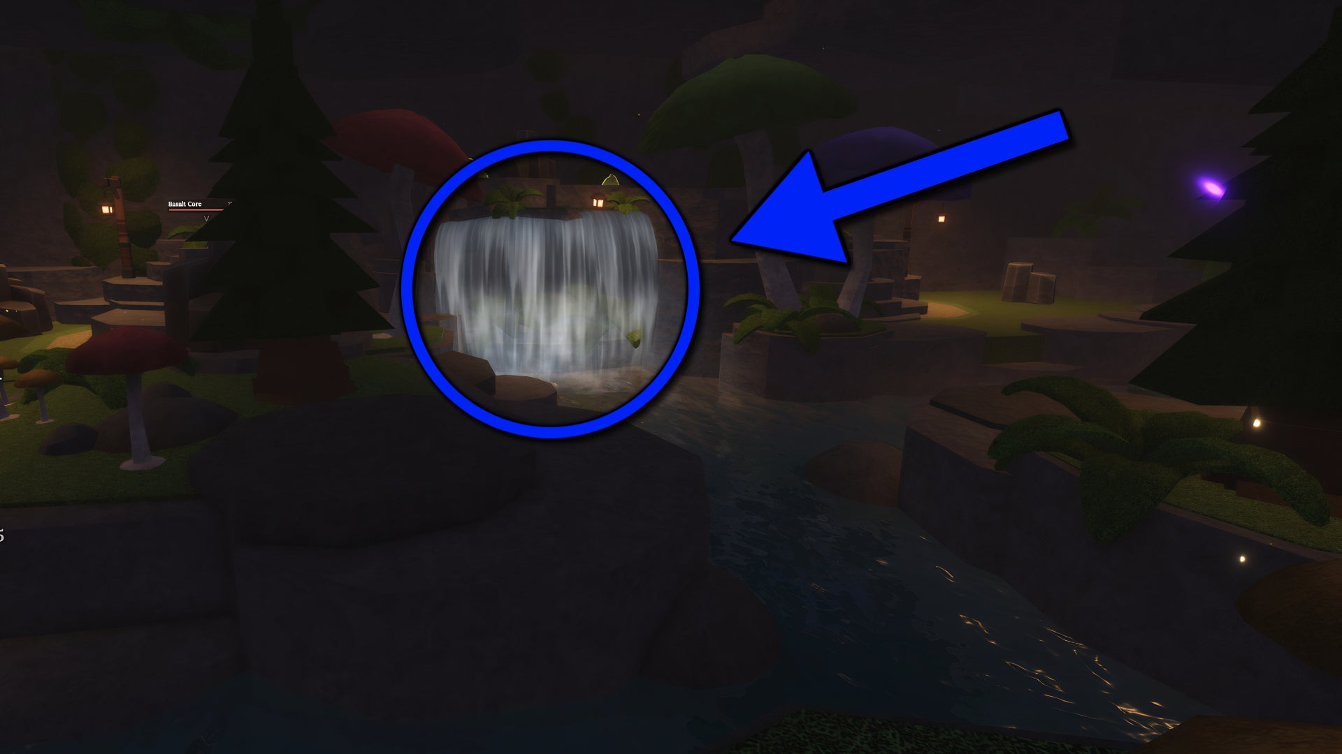 A screenshot from the Roblox game, The Forge, highlighting the waterfall players can walk through in the Goblin Cave to find Tomo's Cat. - 6