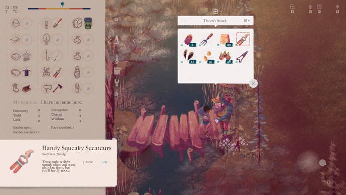 The Garden Path preview - shopping from Thom, a man on a wooden bridge with a grey beard, rosy nose and pointy hat like a Moomin character. Left of screen shows your inventory, above Thom is a boxout showing nicely hand-painted images of his stock.