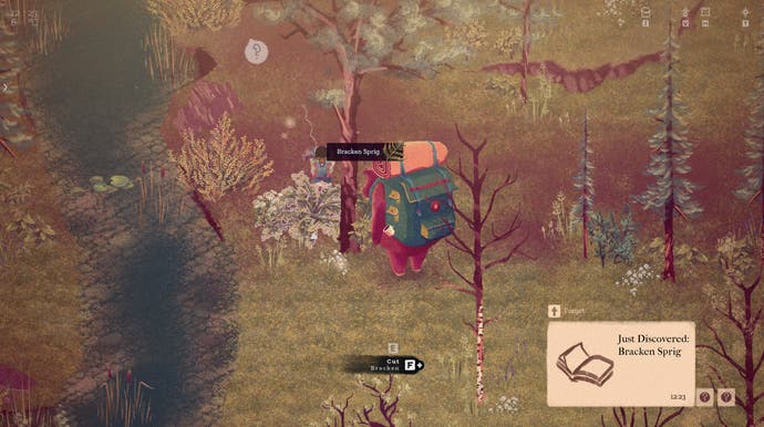 The Garden Path preview - cutting a Bracken Sprig from a bush next to a bear with a backpack, a popup in the bottom right that reads Just Discovered: Bracken Sprig.