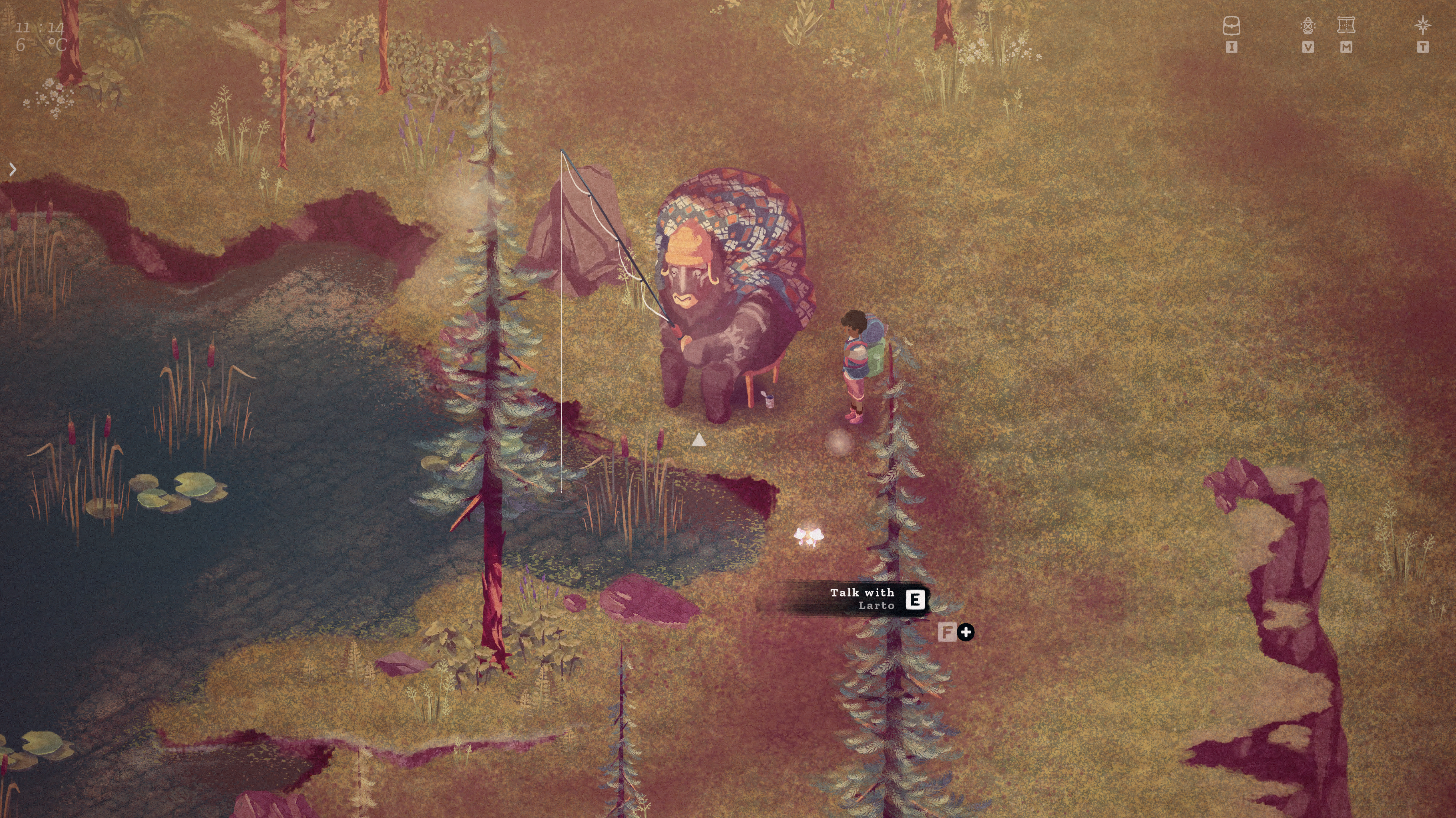 The Garden Path preview - talking with Larto, a large bull-like character who&rsquo;s sitting on a small chair and fishing in the pond.