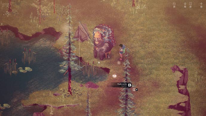 The Garden Path preview - talking with Larto, a large bull-like character who’s sitting on a small chair and fishing in the pond.